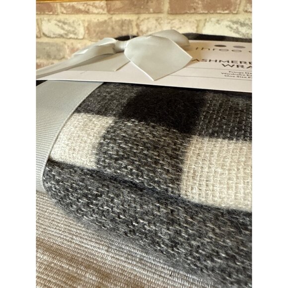 Three Dots Cashmere Blend Wrap Shawl One Size Black White Plaid - Picture 3 of 13